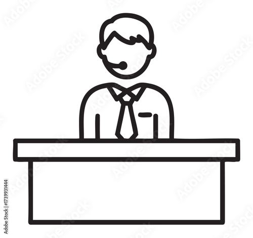 Black outline vector icon of a male call center operator wearing a headset behind a desk, suitable for customer service concepts.