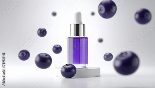 A small bottle of purple serum stands on a white stage with fresh Acai Berry  floating around it.