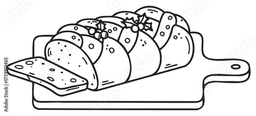 Black and outline of sliced braided bread with decorative elements on a cutting board.