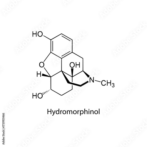 Hydromorphinol molecular structure, semi-synthetic opioid analgesic drug used for pain relief, clean scientific vector diagram, flat skeletal chemical formula isolated 