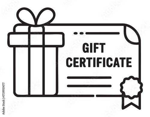 Black outline icon of a gift certificate with a ribboned gift box and a seal on the side.