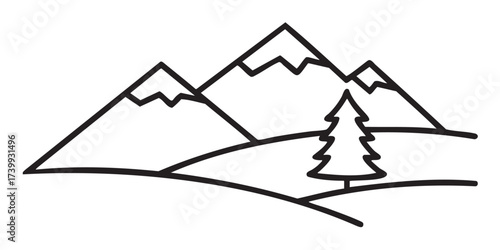 Black outline vector icon of a simplistic mountain landscape with two peaks and a lone evergreen tree in the foreground.