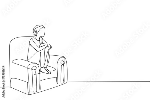 Single continuous line drawing a woman sits on a sofa and folds her legs. There is a feeling of endless anxiety. Always feel alone. National Cancer Survivors Day. One line design vector illustration