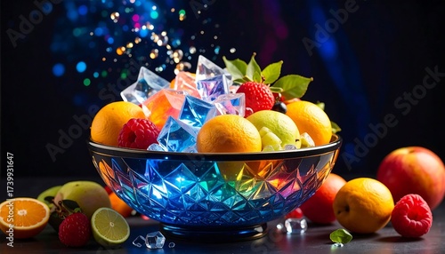 Fruit Bowl with Ice and Colorful Lights Festive Composition
