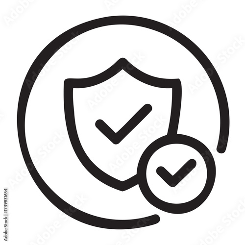Black outline icon of a shield with a checkmark inside, surrounded by circular lines symbolizing security and protection.