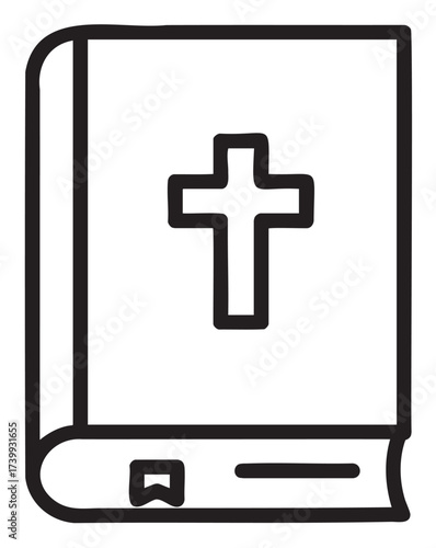 Black outline icon of a closed book with a cross on the cover, featuring a bookmark symbol at the bottom.