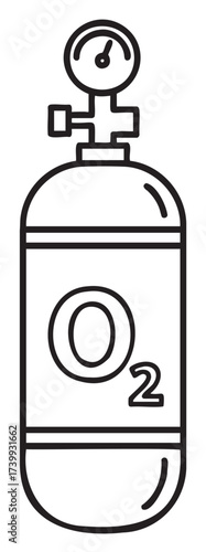Black outline of an oxygen tank with a pressure gauge and the chemical symbol o2 on the front, representing medical or industrial oxygen use.