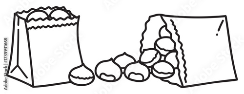 Black outline drawing of two paper bags, one upright and one tipped over, with round objects spilling out, possibly representing food items like snacks or nuts.