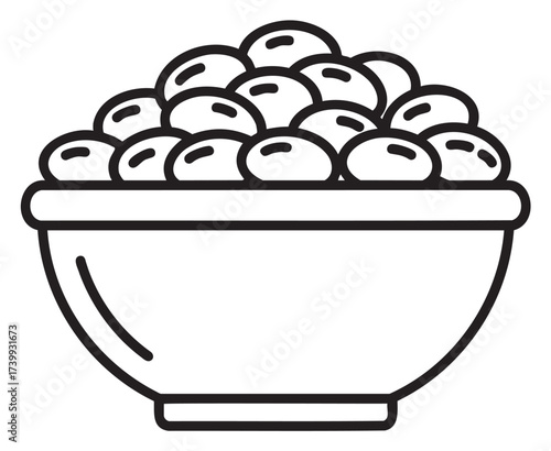 Black outline vector icon of a bowl filled with several round beans. minimalist linear depiction for food, agriculture, and culinary themes.