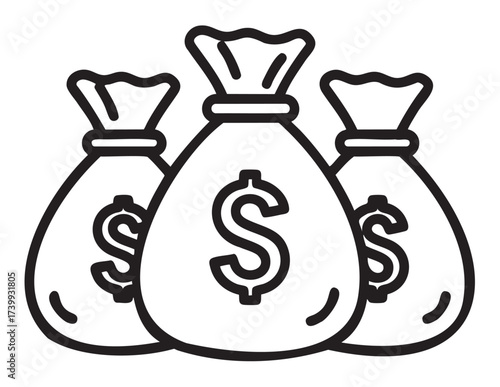 Three black outline money bags with dollar signs prominently displayed, symbolizing wealth and financial prosperity.