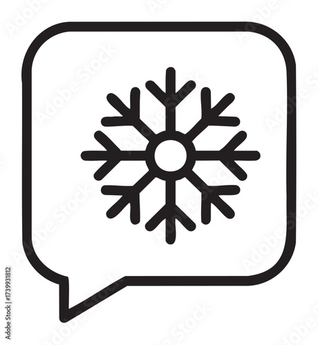 Black line icon of a snowflake inside a speech bubble, symbolizing winter-themed communication.