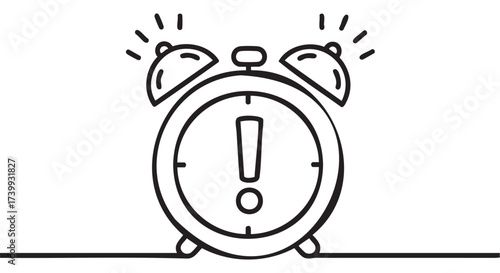 Black outline vector illustration of a classic alarm clock with bells ringing and an exclamation mark on its face, symbolizing urgency and time management.