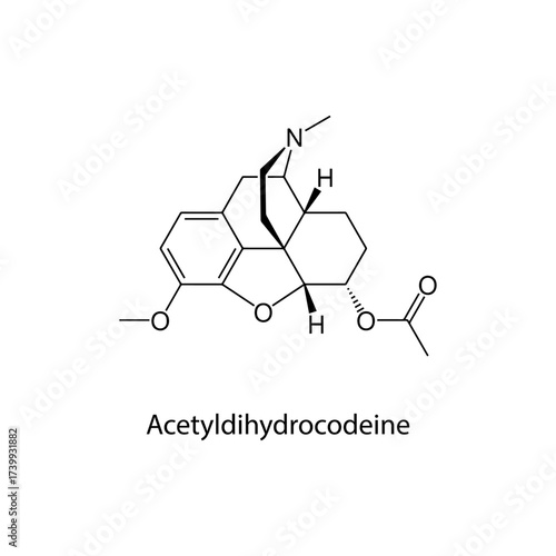 Acetyldihydrocodeine molecular structure, semi-synthetic opioid analgesic and antitussive drug, clean scientific vector diagram, flat skeletal chemical formula isolated 