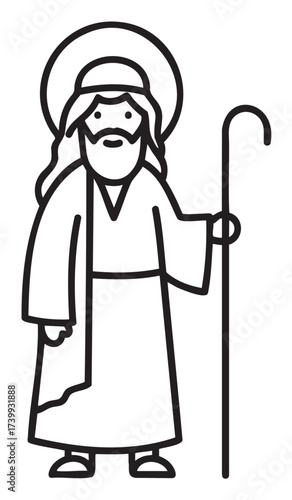 Simple black outline illustration of a biblical figure with a halo and shepherd's staff, wearing a robe.