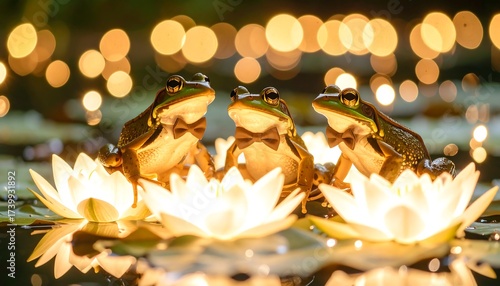 Frogs on Lily Pads with Bow Ties Under Soft Lights