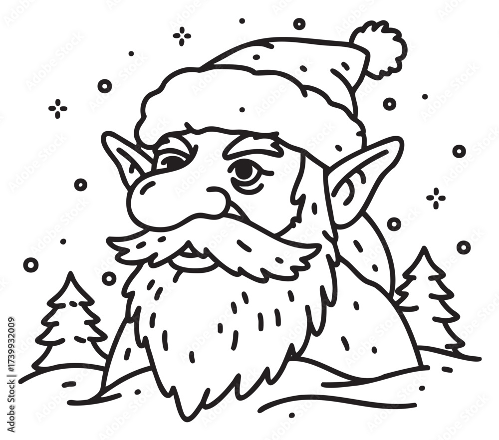 Fototapeta premium Black and line drawing of a whimsical elf with a long beard and festive hat, surrounded by snowflakes and trees.