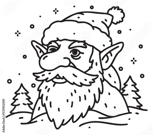 Black and line drawing of a whimsical elf with a long beard and festive hat, surrounded by snowflakes and trees.