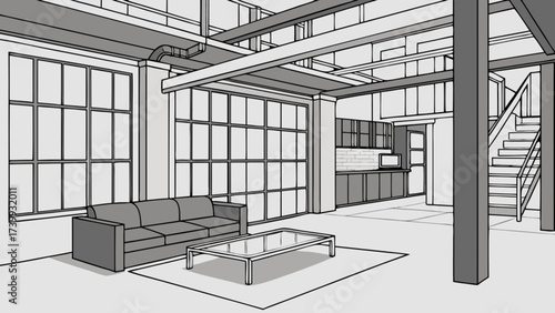 Illustration of a modern living room with large windows and a staircase in grayscale tones and simple lines