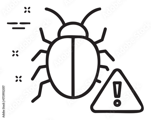 Black outline drawing of an insect alongside a triangular warning sign, indicating a potential infestation or contamination alert.