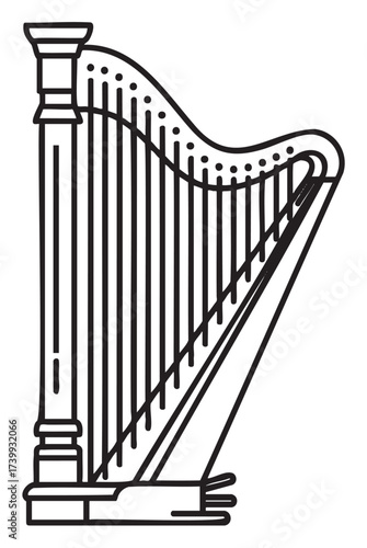 Black outline illustration of a classical harp featuring a detailed column and strings, suitable for music and instrument concepts.