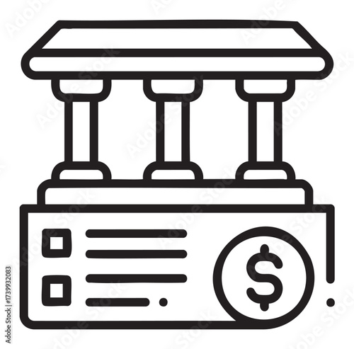 Black outline icon of a classical bank building with columns and a dollar symbol signifying financial concepts.
