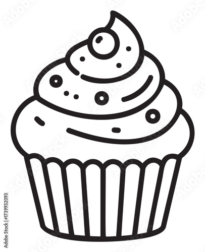 Black outline vector icon of a frosted cupcake with sprinkles on top, symbolizing dessert and bakery concepts.