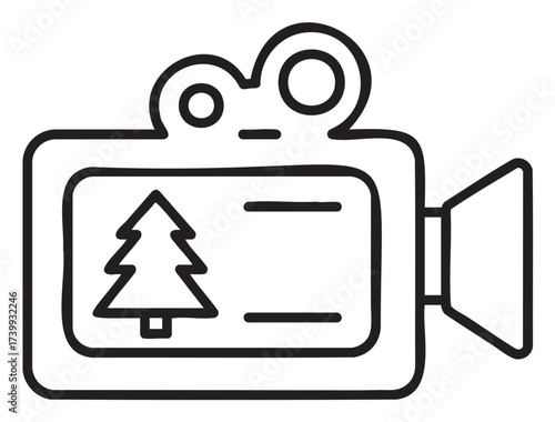 Black and outline of an old-fashioned video camera with a tree symbol on the screen, representing forestry or nature documentaries.