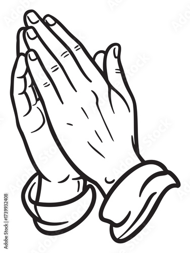 Black outline design of two hands in a prayer position with cuffs visible, symbolizing faith and spirituality.