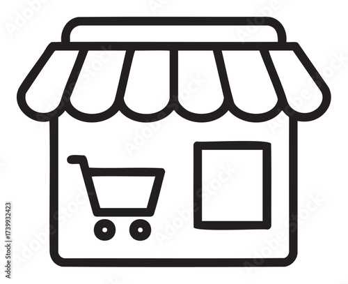 Black outline icon of a small storefront with an awning and a shopping cart symbol, representing retail and commerce.