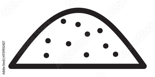 Black outline icon of a minimalistic half-dome camping tent with dotted pattern, ideal for concepts related to outdoor activities, travel, and leisure.
