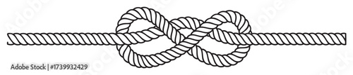 Black and illustration of a nautical figure-eight knot tied securely in a thick rope, showcasing a classic knotting technique.