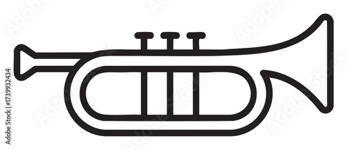 Black outline icon of a simple trumpet with three valves and a flared bell, suitable for music and instrument themes.