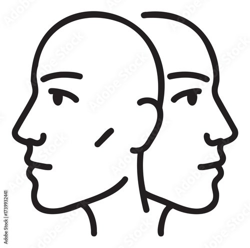 Simplistic black outline icon of two human heads facing in opposite directions, connected at the top.