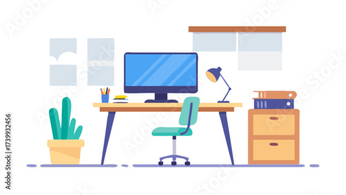 Illustration of a workspace with a computer desk chair lamp books and a cactus in a pot indoors