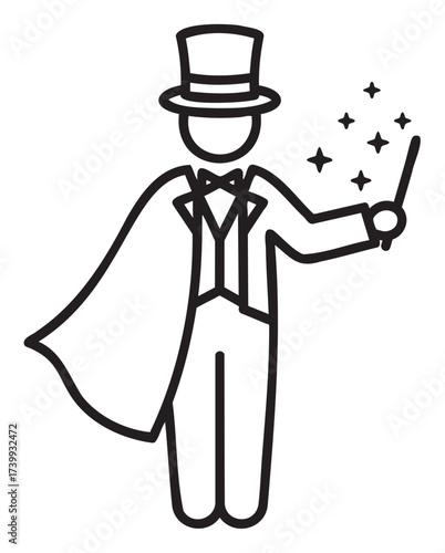 Outline icon of a magician with a top hat, cape, and wand, surrounded by magic sparkles, depicting a classic magical performance concept.