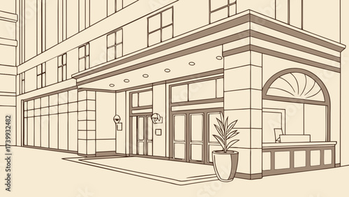 Illustration of a building facade with windows doors and a potted plant near the entrance area design