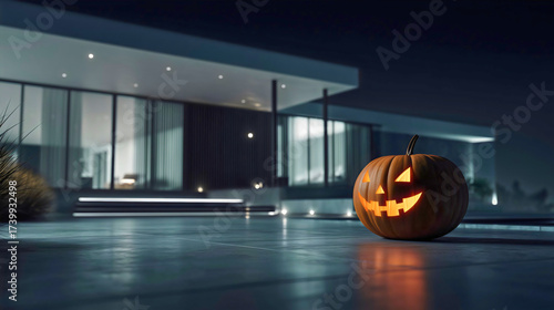 A single Jack-o'-lantern on the patio of a modern home, a spooky Halloween decoration at a luxury house at night, a glowing pumpkin with a scary face.
