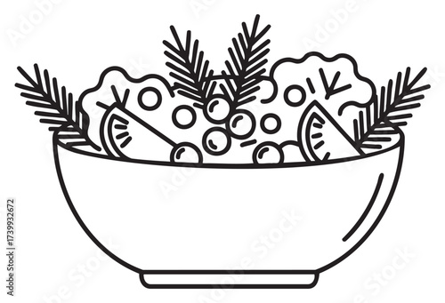 Black outline illustration of a salad bowl with leafy greens, wedges of tomatoes, berries, and sprigs of herbs for a fresh and healthy food concept.