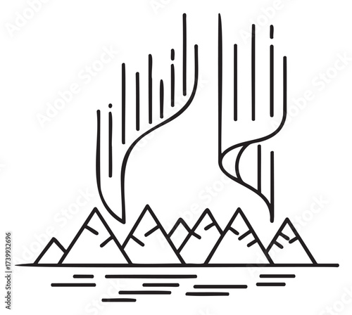 Minimalist line drawing of the northern lights dancing above a range of jagged triangular mountains reflected in a calm body of water.