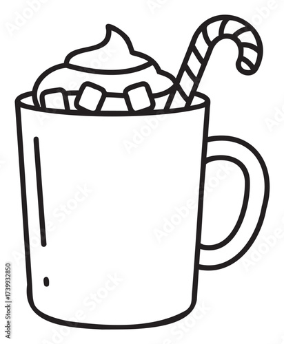 Black outline icon of a mug filled with hot chocolate, topped with whipped cream, marshmallows, and a candy cane. perfect for winter and holiday themes.