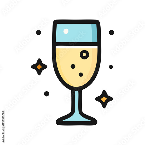 Winter celebration with a champagne glass filled with sparkling beverage perfect for holiday cards, new years eve invitations, festive banners