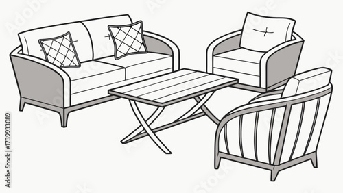 Illustration of a living room set including a sofa, chairs and a coffee table with a simple design