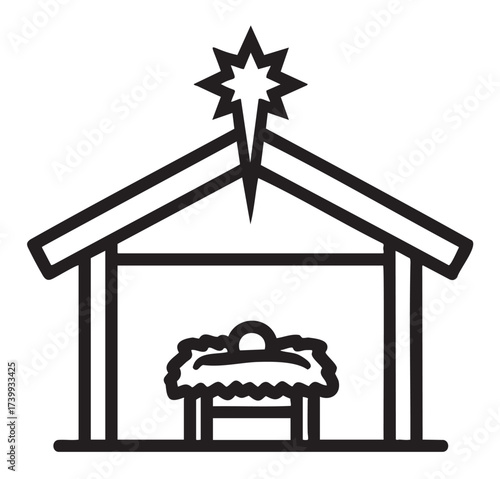 Simple black outline vector icon of a nativity scene with a star above a stable and a manger.