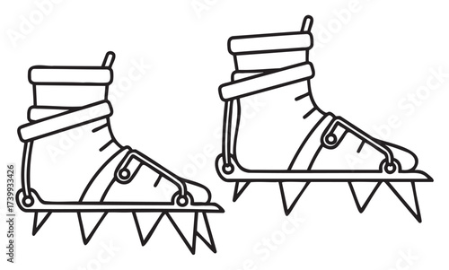 Black outline icon of a pair of crampons, designed for ice climbing and mountaineering, featuring sharp spikes and adjustable straps for secure fitting.