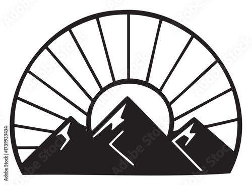 Black outline of three triangular mountains beneath a rising sun with rays extending outward in a semi-circular pattern.