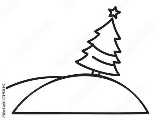 Simple black outline of a christmas tree with a star, positioned on a gently sloping hill, representing a festive and minimalistic design.