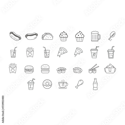 Food and Drink Line Icons Set – Fast Food, Snacks, Beverages, Sweets and Restaurant Doodle Pack. 