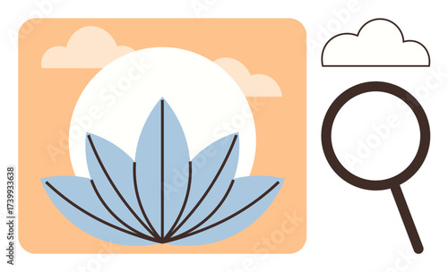Blue lotus flower in focus against a warm background, clouds above, magnifying glass nearby. Ideal for wellness, mindfulness, meditation, focus, growth self-discovery simplicity. Minimalist flat