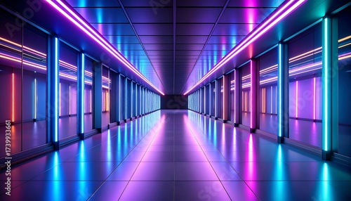 Futuristic Hallway with Neon Lighting and Reflections