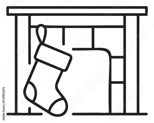 Black outline icon of a christmas stocking hanging from a fireplace mantel, designed for holiday and festive themes.